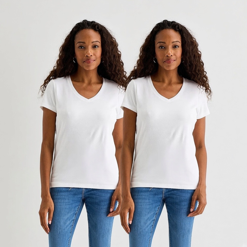 Set of 2 NWT St. John's Bay Womens L Petite White V Neck T-Shirt Short Sleeve